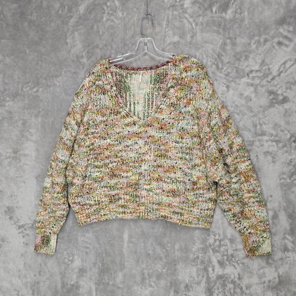 Free People Sweater Women S Multicolor V-Neck Oversized Chunky Knit Boho Earthy